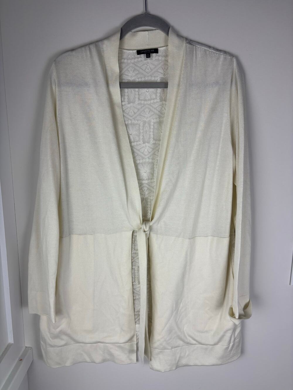 Lafayette 148 New York L Ivory Silk Cotton Cardigan Embroidered Sheer Back Tie